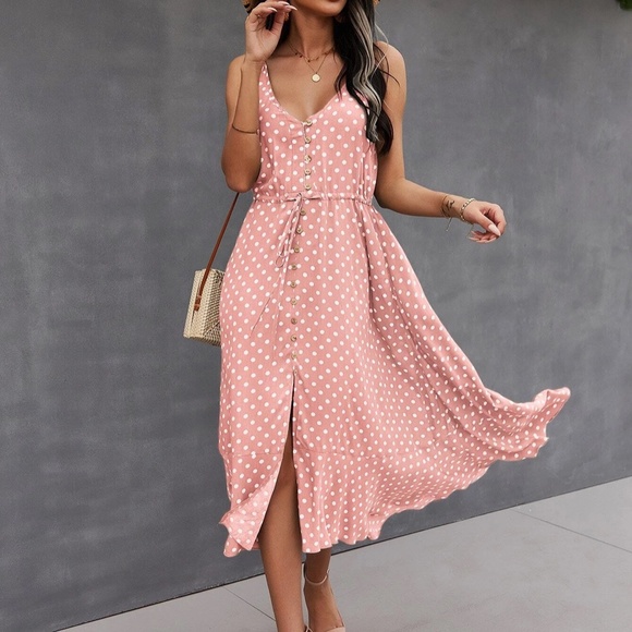 Button up v neck tie polka dot midi dress - Picture 6 of 16